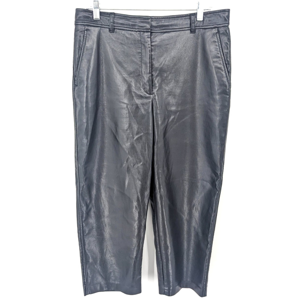 Babaton‎ Pants Womens 12 Black Faux Leather Cropped Ankle Trousers Shiny Stretch